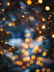 Fototapeta premium Christmas night. Christmas tree branches with lights. Blurred blue background, snowfall, golden lights and bokeh. Festive magical atmosphere. New Year. Copycpace for your text.