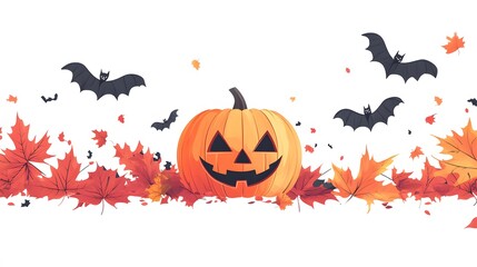 Naklejka premium Halloween scene with a jack-o'-lantern pumpkin, orange and red maple leaves, and black bat silhouettes on a white background in a clean festive design.