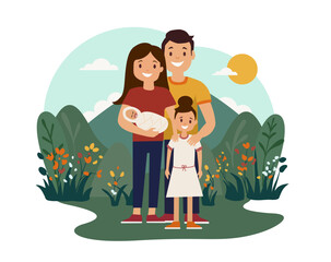 Mum, dad, daughter and a baby standing and hugging. Nature background. Hills flowers, trees. Happy family, love, time together. Isolated white background. 
