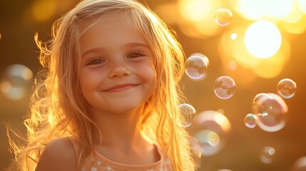 Fototapeta premium Happy girl with golden hour sunlight, soap bubbles, and a radiant smile, portraying childhood innocence and carefree moments in a warm, ethereal atmosphere.