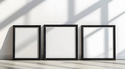 Minimalist photo frames with black wooden borders and empty white canvases against a white wall, showcasing a clean aesthetic with simple, geometric composition.