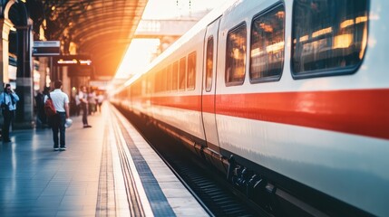 Train station with a focus on a stationary train and passengers on the platform