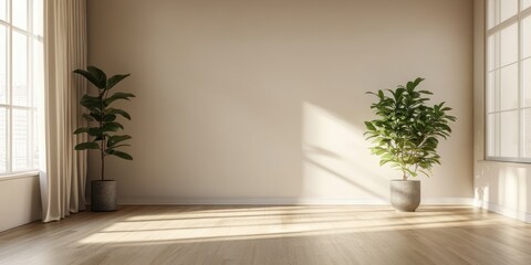 A large empty room with two potted plants. One is on the left and the other is on the right