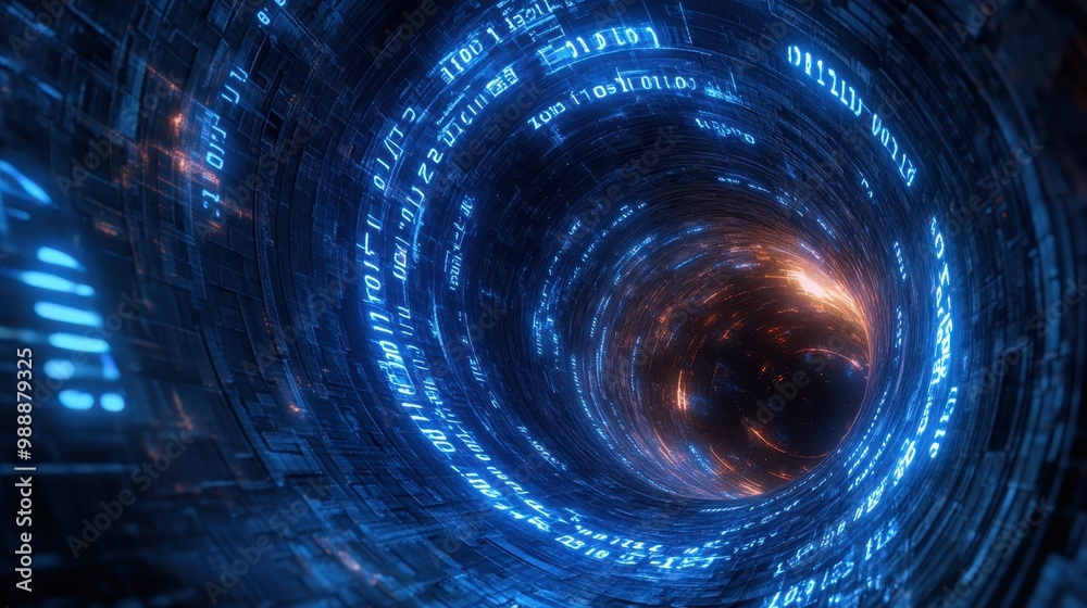 Poster a swirling vortex of blue binary code illuminated by glowing orange sparks, creating a mesmerizing t