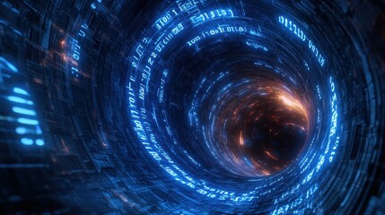 Obraz premium A swirling vortex of blue binary code illuminated by glowing orange sparks, creating a mesmerizing tunnel effect