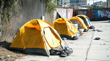 Namioty i prowizoryczne obozowiska ustawione wzdłuż ulicy, z przechodniami mijającymi je z obojętnością.