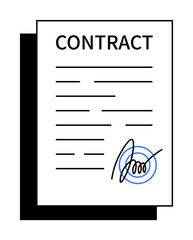 Black and white contract document with lines of text and a blue signature at the bottom. Ideal for business, legal agreements, paperwork, signatures, office. Clean, minimalistic, sharp.