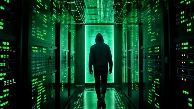 hacker walking slowly out of a hacked server room , data theft concept