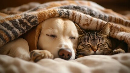 Obraz premium A Cozy Scene of a Dog and Cat Cuddled Together Under a Blanket, Perfect for Animal Lovers and Comfort-Themed Projects