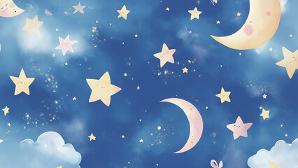 Starry Friends Wonderland, Brighten up any room with this charming wallpaper featuring adorable cartoon-style stars in a playful wonderland.