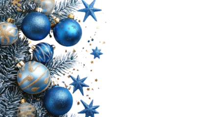 Christmas background featuring decorative balls, ribbons, and snowflakes in a festive blue and gold design