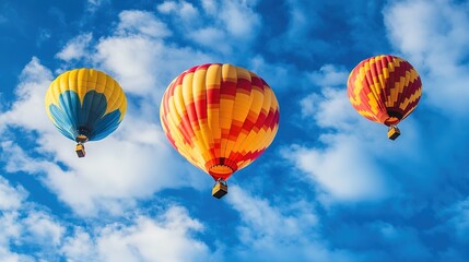 Obraz premium Bright hot air balloons soar in blue sky