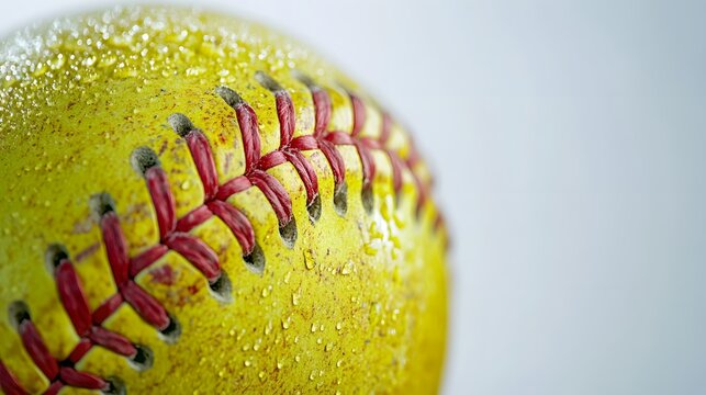 Yellow softballs with red stitching on a white background, featuring vibrant colors and high detail in a minimalist studio setting with sharp focus and athletic vibe.