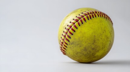 Yellow softballs with red stitching on a white background, featuring vibrant colors and high detail in a minimalist studio setting with sharp focus and athletic vibe.