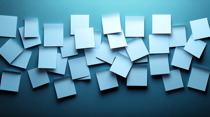 A collection of blue sticky notes scattered on a soft blue background, perfect for brainstorming or note-taking.