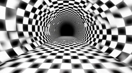 Naklejka premium A mesmerizing black and white checkered tunnel creating a sense of depth and illusion, ideal for abstract and surreal projects.