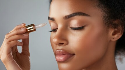 Fototapeta premium Close-up of a Woman Applying a Luxurious Collagen Serum, Glowing and Hydrated Skin with a Soft Focus on the Eye Area, Demonstrating the Beauty Benefits of the Product.