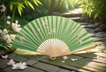 A green and white folding fan with a bamboo frame and a tassel