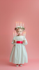 Fototapeta premium A little african albino girl dressed as Saint Lucia, with blonde hair and a green wreath on her head, in a white dress with a red belt and holding candles in her hands. Pink pastel background with. Hy