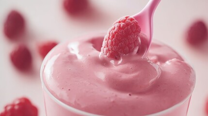 Close-up of Creamy Pink Smoothie with a Single Raspberry Resting on Top, Being Stirred with a Pink Spoon, Against a Blurred Background of Other Raspberries