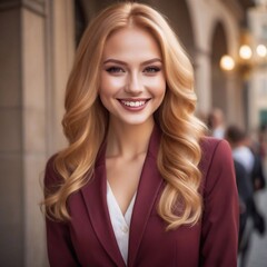 Blonde Frau im bordeaux Kostüm