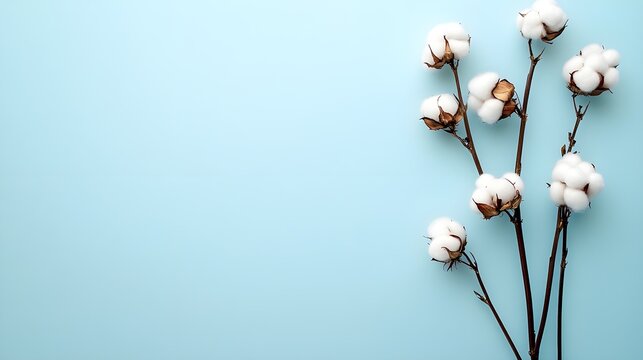 Illustration with cotton flowers on long stems against a light blue background with copy space.