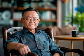 Fototapeta premium charming asian older man in a sweater with grey hair sitting in a chair with a cup of tea