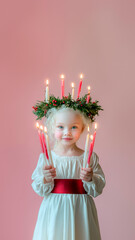 A little girl dressed as Saint Lucia, with blonde hair