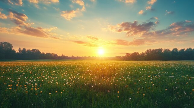 vibrant green meadow at sunrise or sunset the colorful summer sky and golden sunlight casting a warm glow over the wide tranquil landscape creating a peaceful and beautiful morning panorama - Powered by Adobe