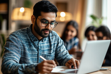 Obraz premium Portrait of young Arab man in glasses using laptop sitting at desk, writing in notebook. Cheerful guy browsing internet, watching webinar studying online, looking at pc screen, free copy space