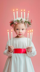 A little african albino girl dressed as Saint Lucia, with blonde hair and a green wreath on her head, in a white dress with a red belt and holding candles in her hands. Pink pastel background with. Hy