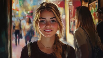 Obraz premium Engaging young woman with a gentle smile in the foreground surrounded by lively street scenes and two other women in the background