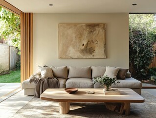 A living room with a couch, coffee table, and a painting on the wall. A vase with flowers is on the coffee table