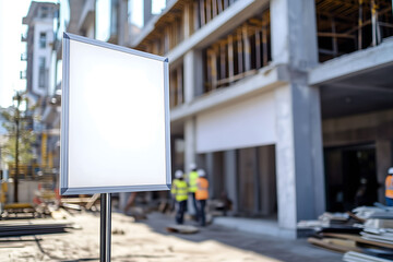 Mockup of a white sign located at the construction site.