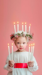 A little african albino girl dressed as Saint Lucia, with blonde hair and a green wreath on her head, in a white dress with a red belt and holding candles in her hands. Pink pastel background with. Hy