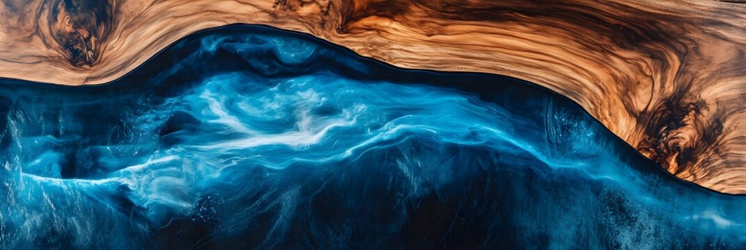 Wood with epoxy resin. The table texture is blue and wooden. Banner design template exotic stabilized surface. 