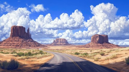 Fototapeta premium Desert landscape featuring an empty road winding through buttes under a vast sky