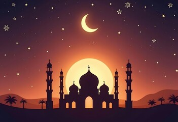 Night city buildings. Mosque and house silhouettes. Old arabian cityscape. Sunset town scenery. Sundown mountains. Arab evening. Scenic sky. Vector urban panorama background illustration
