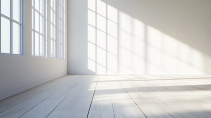 Minimalist interior design featuring a 3D perspective of a white room with wooden plank flooring and sunlight casting shadows on the walls