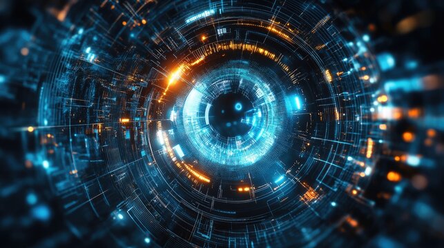 Futuristic cyber eye surveillance system featuring electronic scanning technology lights glares and laser circuits for advanced security solutions