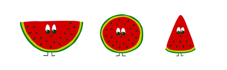 Funny watermelon characters. Three watermelon characters standing in a line withe background. T-shirt design.
