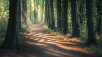 Obraz premium A soft blurred forest path with a gentle glow of light through the leaves