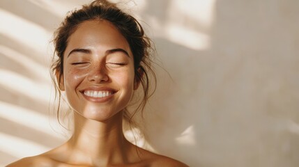 Woman with radiant skin smiling at the camera, showcasing the benefits of collagen for dry skin, with soft natural lighting, 4k quality.