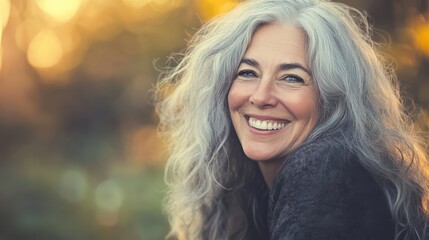 Naklejka premium Joyful Elderly Woman with Silver Hair Smiling in Natural Light - Perfect for Lifestyle and Family Themes