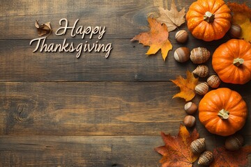 Happy Thanksgiving Greeting with Pumpkins and Autumn Leaves