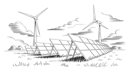 Hand Drawn Wind Turbine and Solar Panels Illustration