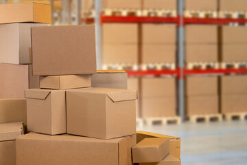 Boxes in warehouse. Courier service storage area. Distribution warehouse with parcels. Storehouse...