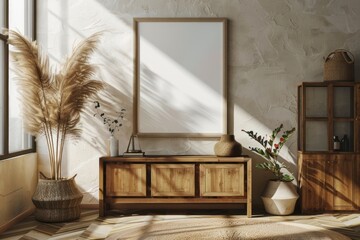 Blank picture frame mockups cabinet wood accessories.