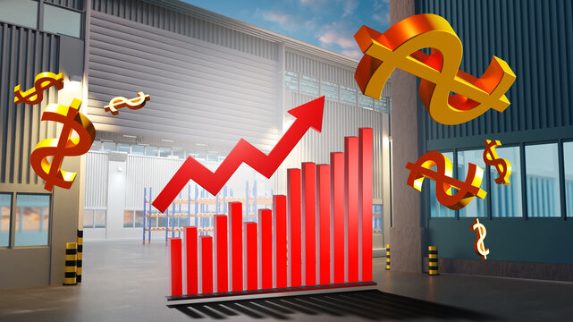 Increase in warehouse costs. Increased storage costs. Warehouse building. Growing graph. Increasing cost of renting warehouse. Industrial hangar with shelves. Increase in logistics costs. 3d image