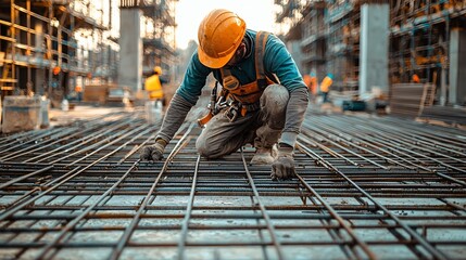 A construction worker crouching down to inspect a steel reinforcement structure at a construction site.